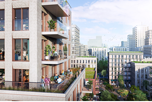 Rendering of the &Amsterdam project, showing a view of the Parkside tower block.