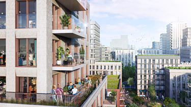 Rendering of the &Amsterdam project, showing a view of the Parkside tower block.