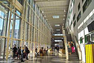 A photograph of the school complex, featuring classrooms spread over three floors, sports facilities and an underground car park and cycle storage area.