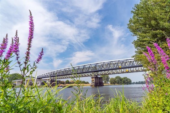 Foto van de fietsbrug tussen Cuijk en Mook, ook bekend als de Maasover. Ze overspant de Maas en vormt een cruciale schakel in de snelfietsroute F73.