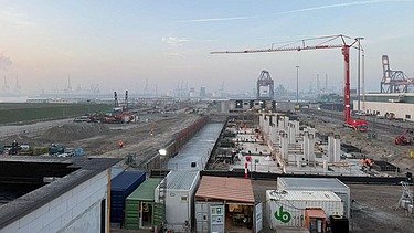 A drone photo of the Porthos construction site in Rotterdam.