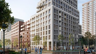 Renderbeeld project &Amsterdam, met zicht op binnengebied en de gebouwen Hillside en Brightside.