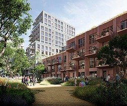 Render of the &Amsterdam project, showing the inner courtyard and the Hillside and Brightside buildings.